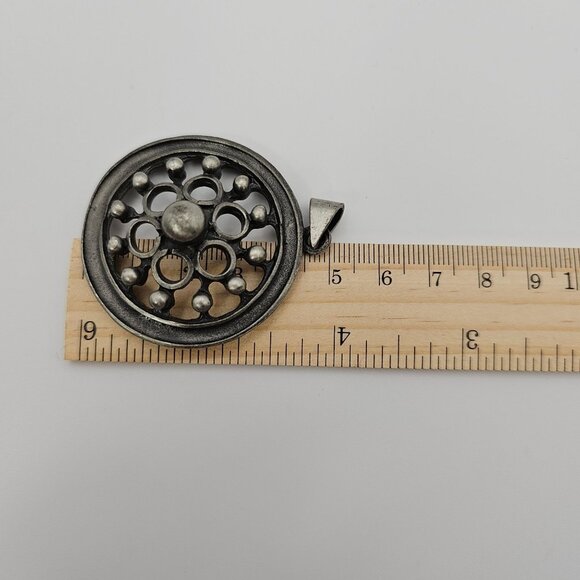 VTG Necklace Pendant Silver Tone Pewter Round Denmark Retro Whimsigoth Floral 2" - Picture 9 of 16